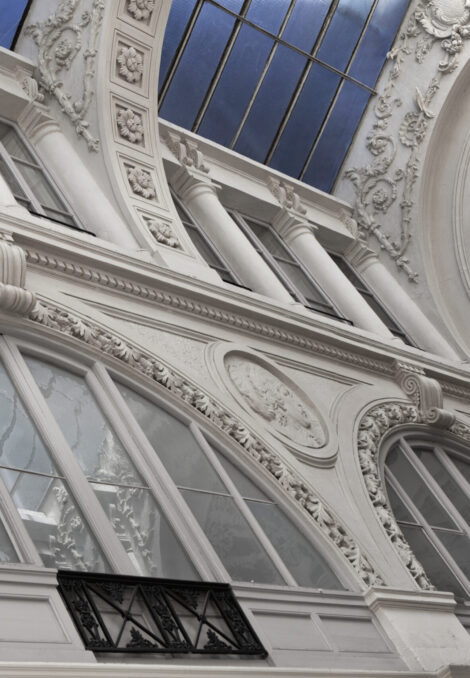 Details of a stylish baroque French architecture Interior of Passage Pommeray in Nantes French city